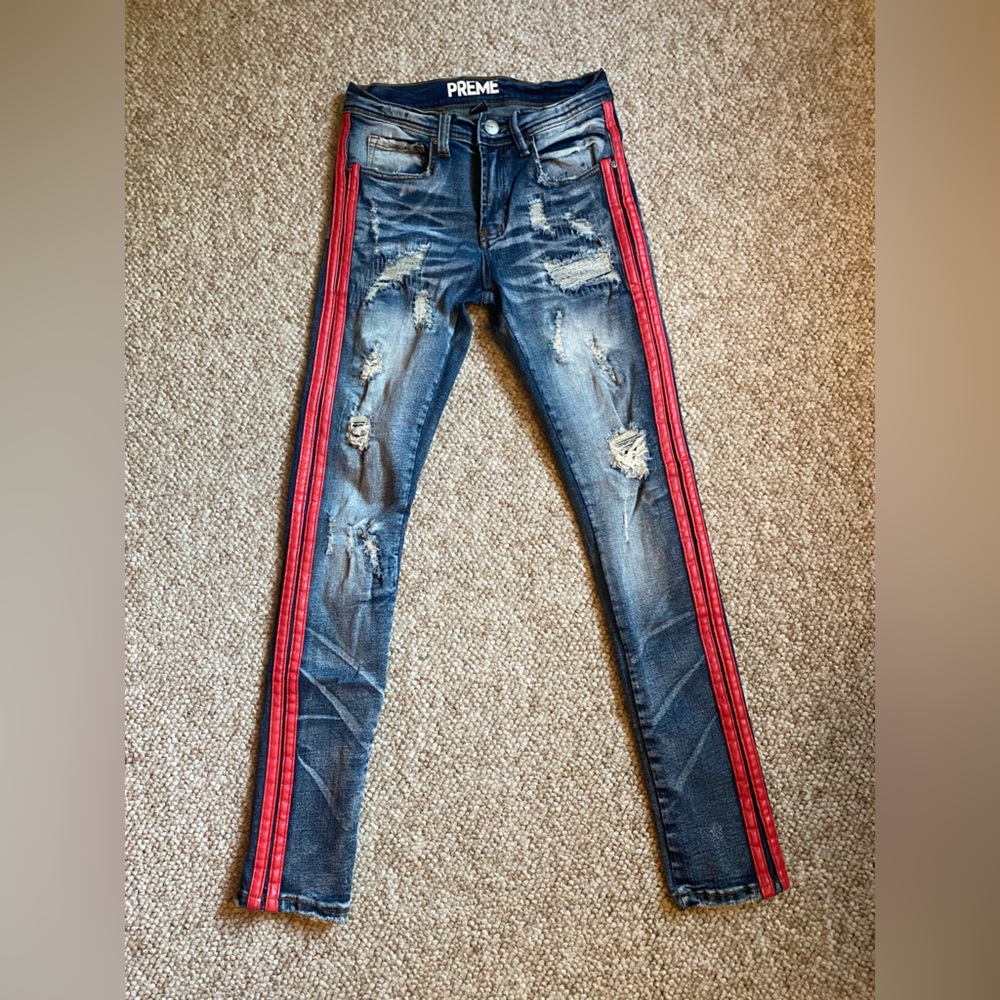 Men's PREME Jeans 28W/31 L - Distressed Blue with side Red Stripes